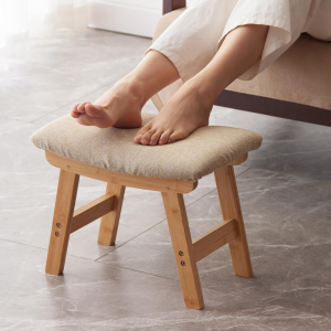 Small under-desk foot rest stool with bamboo stand and soft fabric surface, extra casual seating for living room, bedroom and kitchen